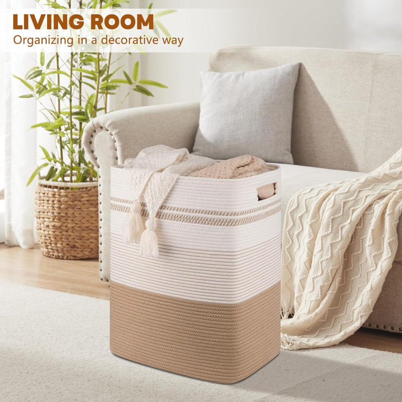 Laundry Hamper Woven Rope Tall Laundry Basket With Handle Decorative Storage Basket For Clothes And  In Living Room Bedroom Jute