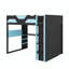 Lit mezzanine en bois pleine grandeur avec bureau, plusieurs supports de rangement, ports USB et éclairage RVB-1734246713