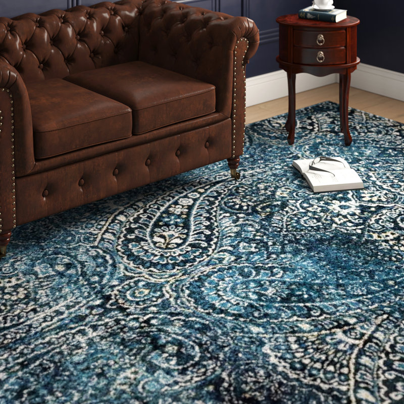 Tapis bleu marine à motif cachemire Wainscott, Rectangle 9 pi 3 po x 13 pi
