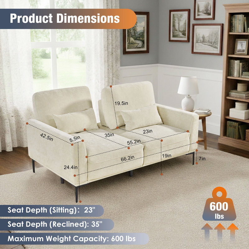 68"W Dinardi upholstered Sofa With Adjustable Backrest, Beige, 68"W, 2