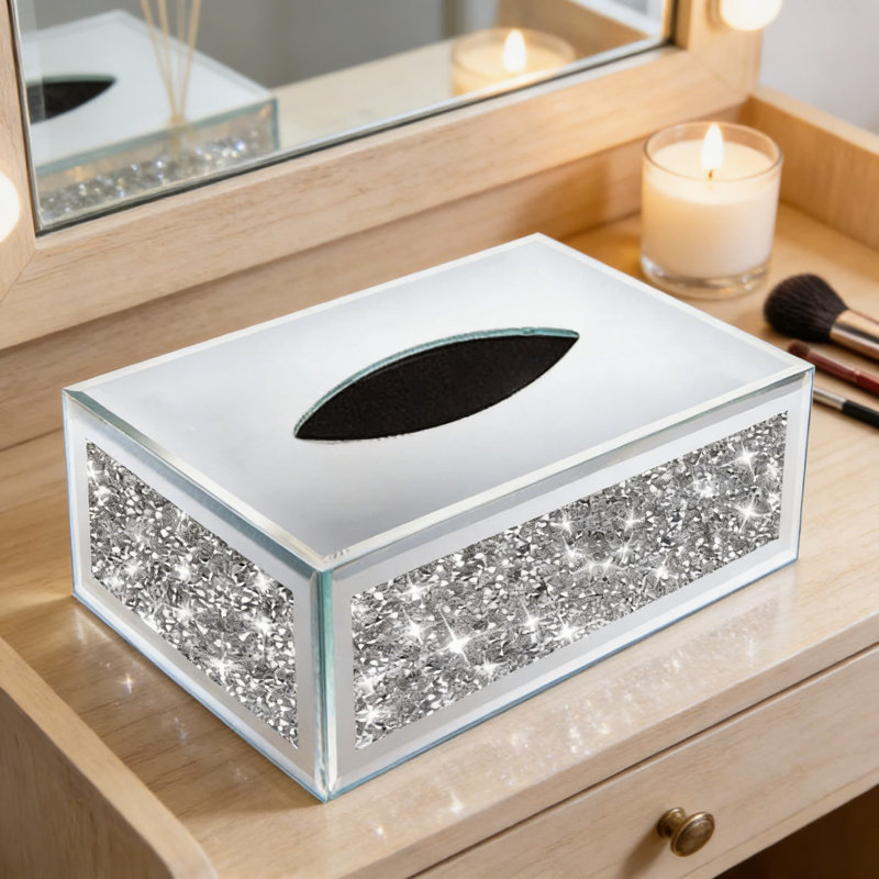 Couvercle de boîte à mouchoirs en miroir avec accents en diamant écrasé en cristal, porte-papier-mouchoir de luxe pour salle de bain ou table, tirette lisse pour mouchoirs standard