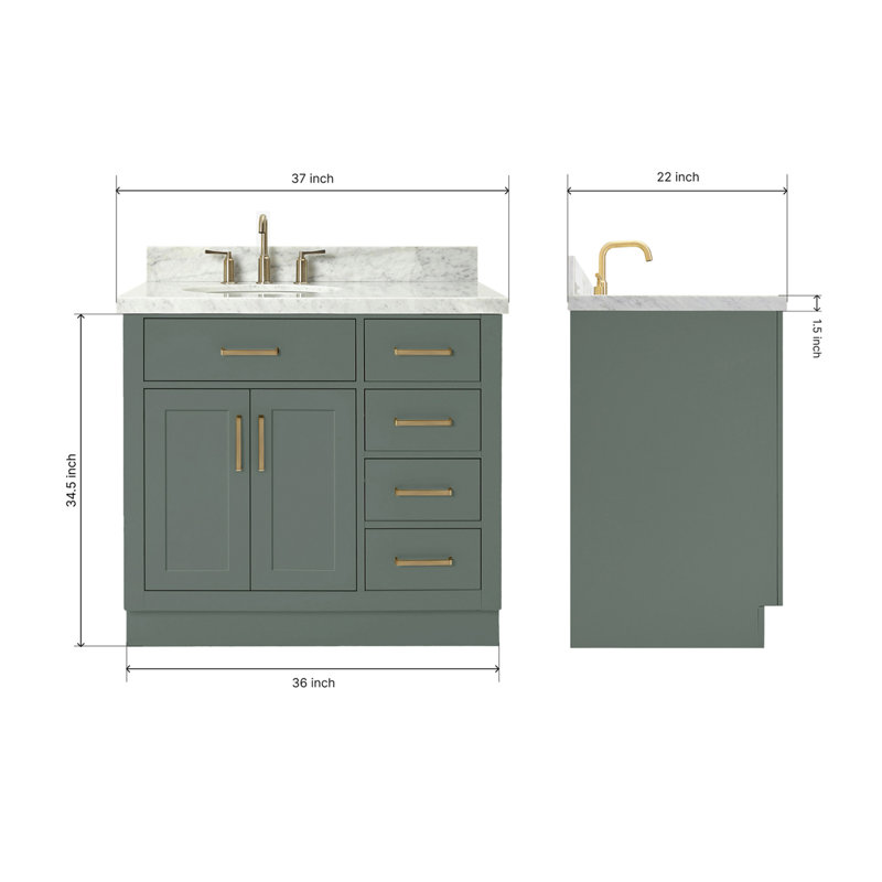 ARIEL HEPBURN 37 IN RIGHT OFFSET RECTANGULAR SINK VANITY 1,5 IN, Oval, Left, Vintage Green/Satin Brass