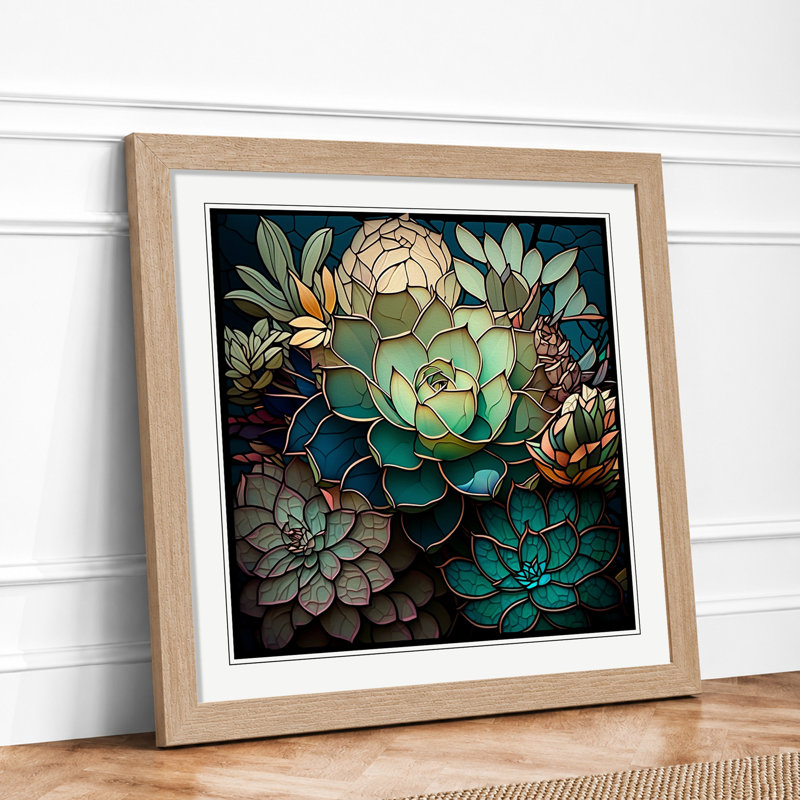 Succulent Stained Glass Effect - Framed Print, Oak
