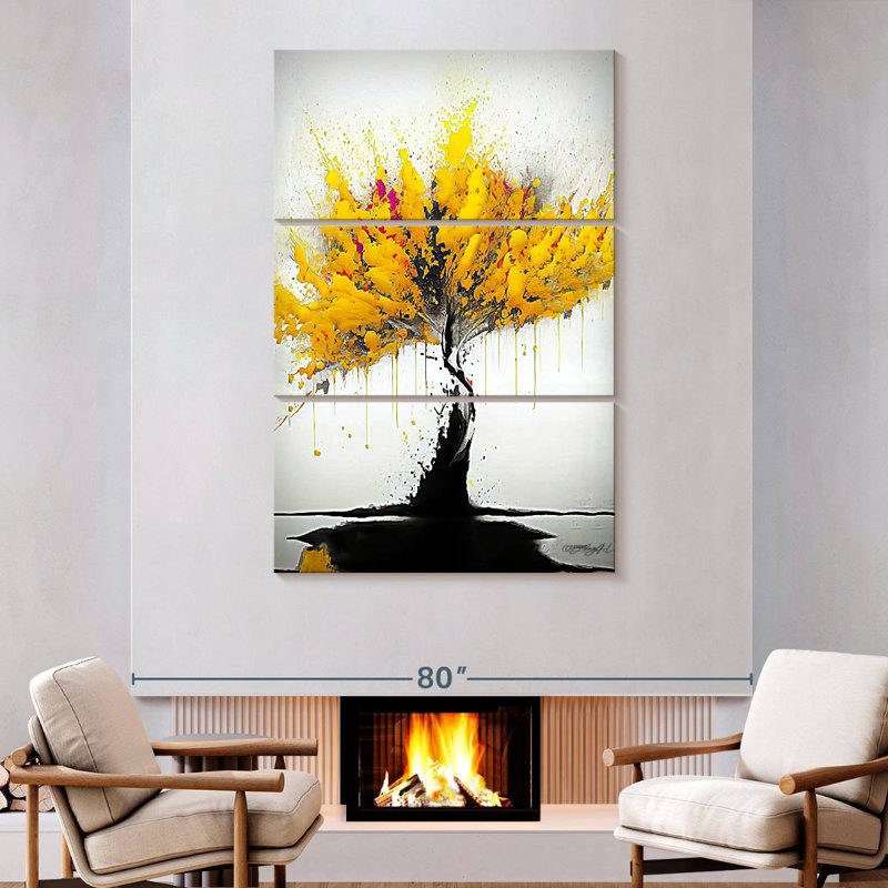 Harnek Abstract Splattered Yellow Tree, 74" H x 48" W
