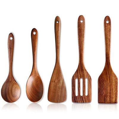 Acacia Wooden Utensil Set 5-Piece Non-Scratch Kitchen Spoons And Spatulas For Cooking, Mixing, Serving With Non-Stick Cookware