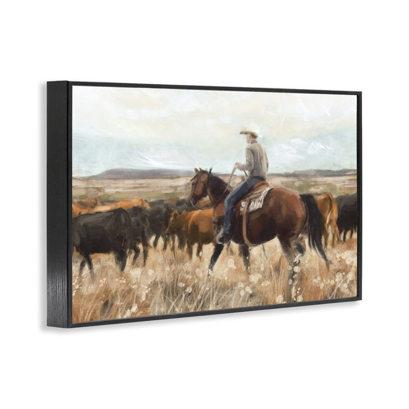 «Cowboy Rounding Bovins», estampe numérique encadrée par Nina Blue, Giclée encadrée noir minuit, H 16 po x l 24 po