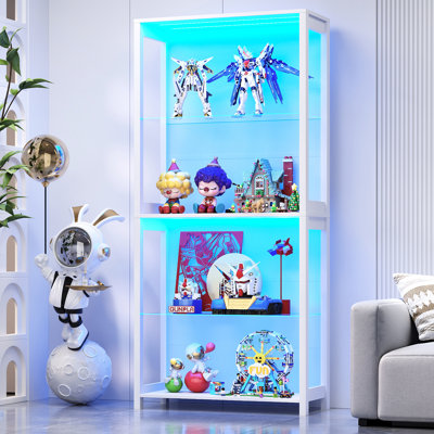 Vitrine avec tablettes en verre, tablette à 4 niveaux avec lumières DEL, vitrine en verre avec tablettes amovibles, vitrine pour objets de collection, blanc