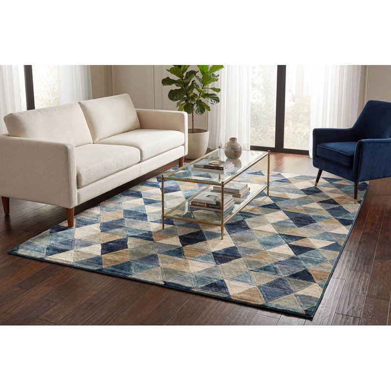 Tapis bleu à motif géométrique, Rectangle 6 pi 7 po x 9 pi 6 po