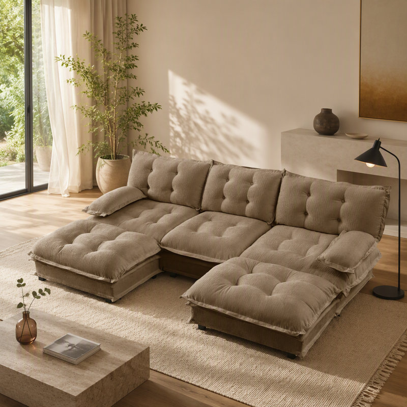 Canapé d'angle modulaire moderne en forme de U de 272 cm (107 pouces) avec 2 poufs, coussins d'assise profonds en chenille pour un confort optimal, couleur café clair