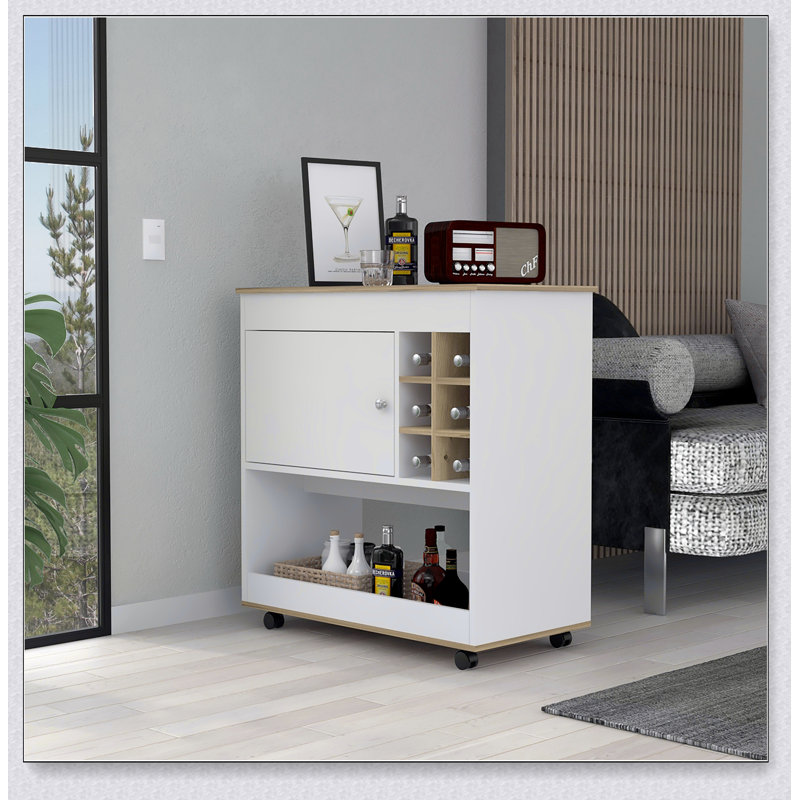 Chariot-bar en chêne clair à 6 bouteilles avec armoire spacieuse et comptoir, parfait pour le rangement organisé et élégant des boissons.