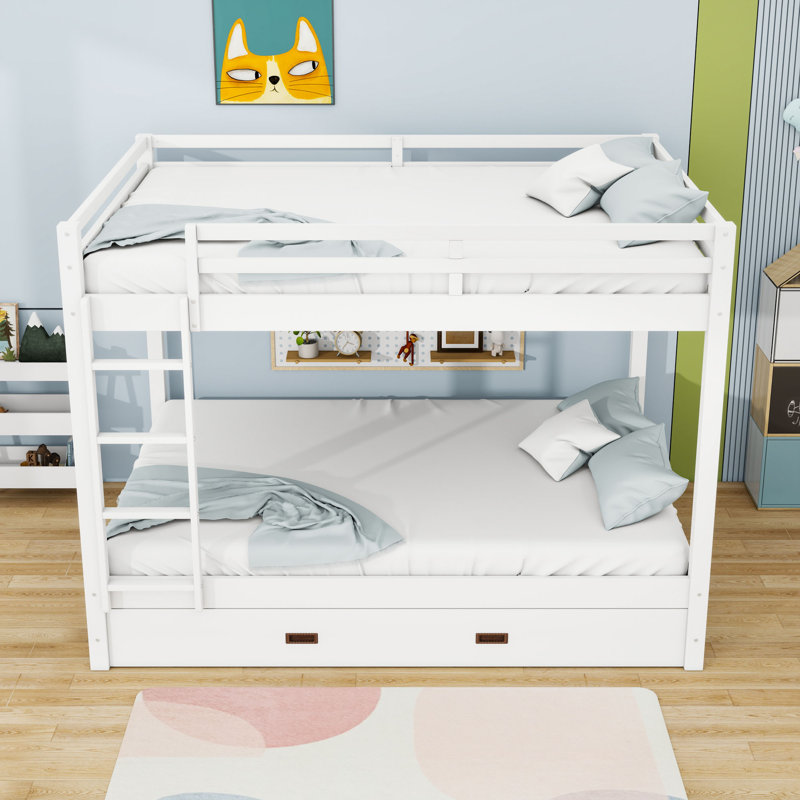 Queen Over Queen Wood Bunk Bed With Twin XL Trundle And Ladder, White
