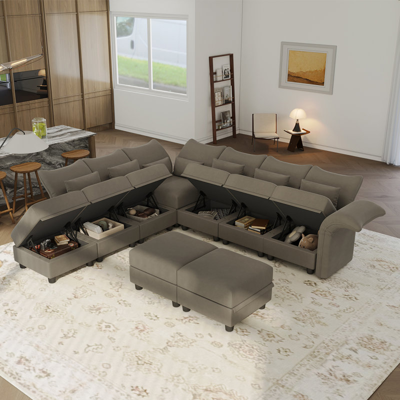 Ahren Velvet Reclining L-Shaped Sectional Reversible, Brown Velvet