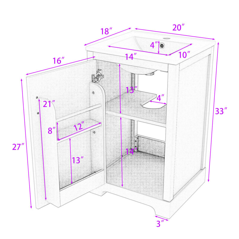 Meuble-lavabo autoportant de 20 po avec armoire durable, Blanc