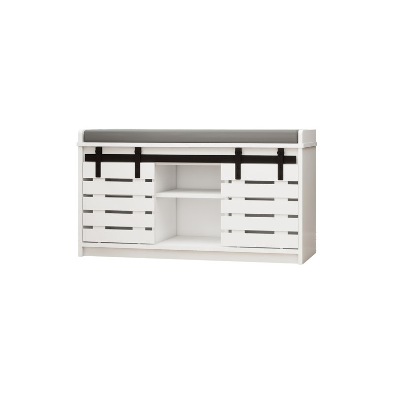 Banc de rangement pour chaussures Modern, banc d'entrée à 2 niveaux avec 2 portes de grange coulissantes et coussin de siège amovible et doux pour l'entrée