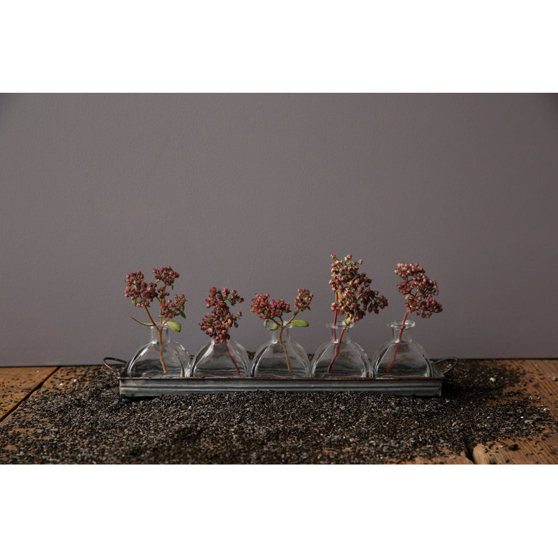 Urmas Decorative Rectangular Metal Tray with Handles and 5 Glass Vases
