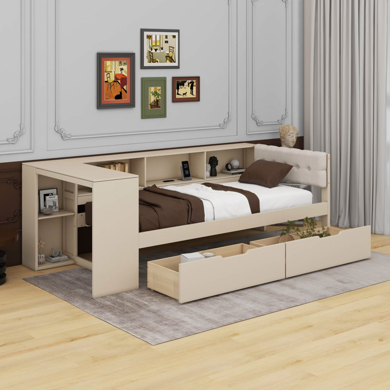 Platform Bed With Storage Shelves, Drawers, Charging Station And Upholstered Headboard, Twin, Cream