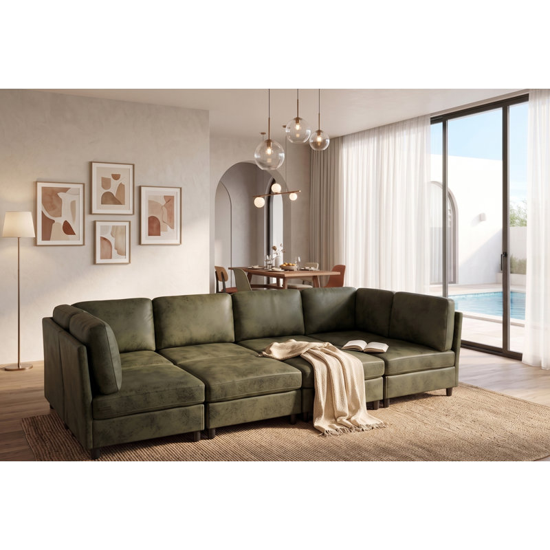 Keslyme Faux Leather Fabric Upholstered Modular Sectional, Olive Faux Leather , Round