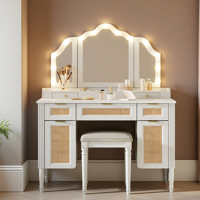 44.37 " Makeup Vanity Desk With 13 Hollywood Bulbs And 3 Lighting Modes, Dressing Table With Tri-Fold Mirror Large Vanity Table With 5 Drawers And Shelves And Charging Station For Bedroom