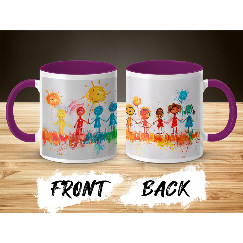 Kids Drawing Style 11oz Accent Mugs – Ceramic Coffee Cup with a Purple Handle and Interior