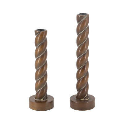 Bougeoirs S / 2 en bois de bouleau brun avec motif en spirale