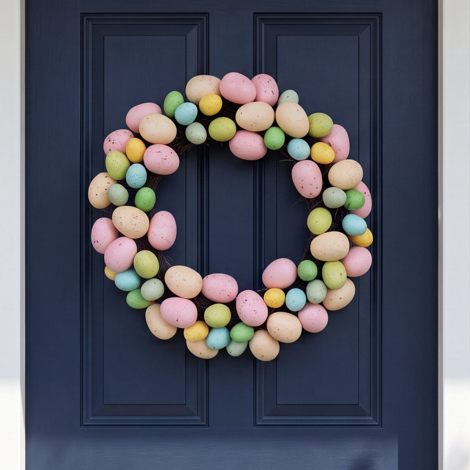 13" Artificial Pastel Easter Egg Wreath on a grapevine base.