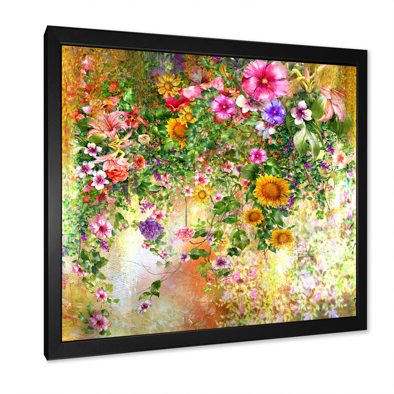 «Modern Modern Pink And Green Summer Garden», reproduction d'art sur toile, H 16 po x l 16 po x P 1 po, Cadre noir