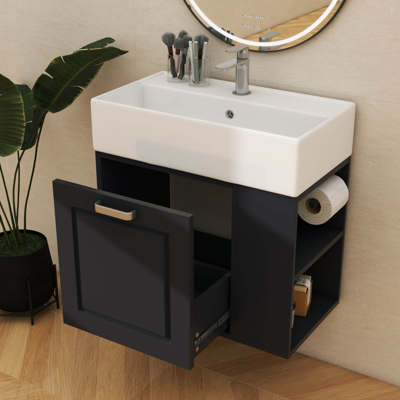 Meuble-lavabo flottant mural de 21,8 po avec meuble-lavabo, grand tiroir et tablette réglable, Noir