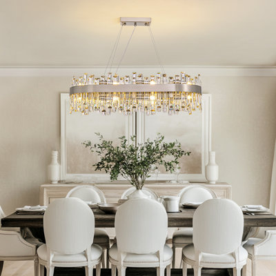  Kacy 16-Light Dimmable Modern Brushed Nickel Rectangle Chandelier with Crystal Accents for Kitchen Island Dining Room