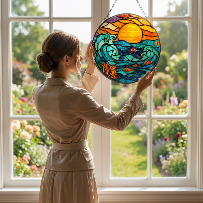 12"H Ocean Sunset Stained Glass Window Panel, 12" H x 12" W
