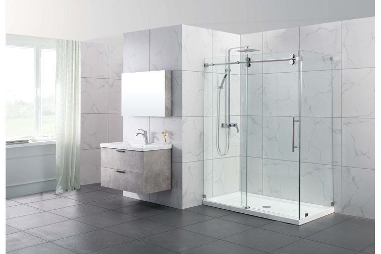 modern bathroom with frameless shower door on a stand alone shower