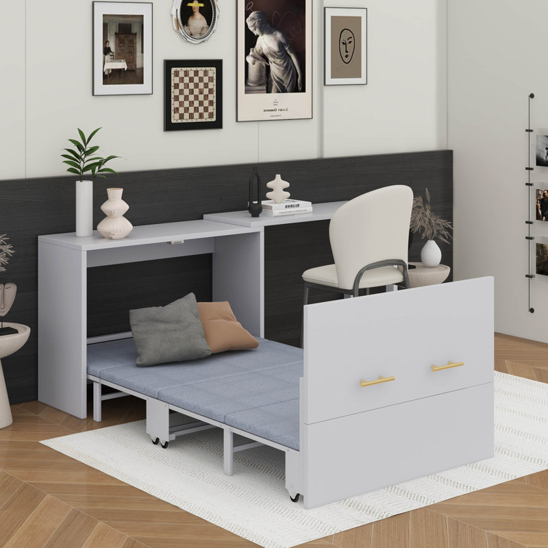 Murphy Bed Cabinet With Movable L-Shaped Desk And Cushion, Gray