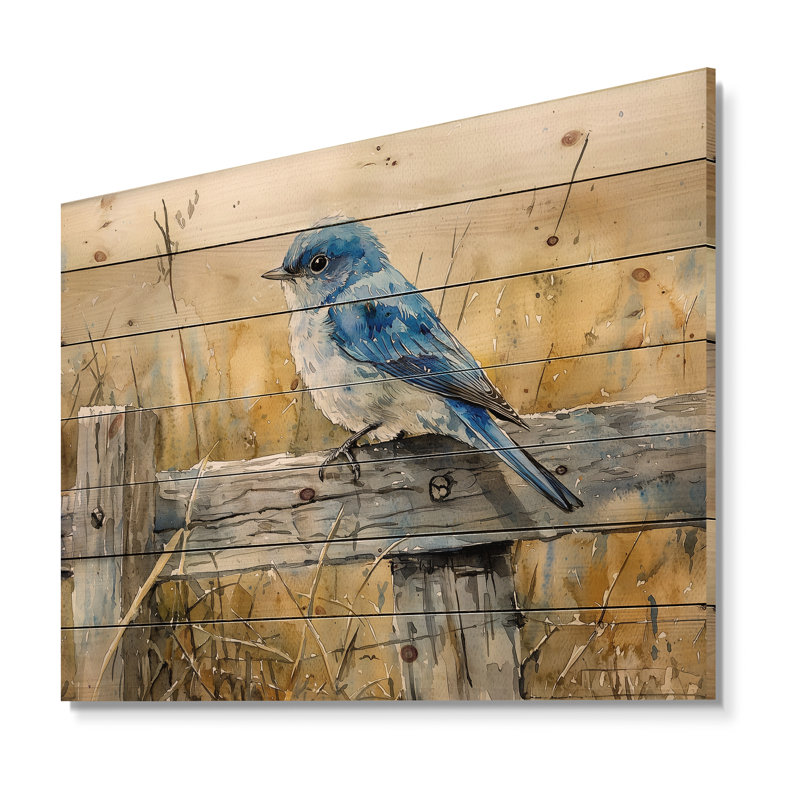 Bluebird On The Farm Fence II - Bird Wood Print - On Natural Pine Wood, 10" H x 20" W x 0.78" D