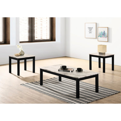 Table basse Fashion Avant 3: plateau en faux marbre et pieds noirs pour un salon contemporain 3 pièces avec majestueux