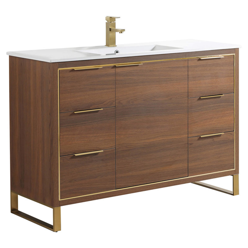 48" Single Bathroom Vanity Set, Satin Brass, Walnut