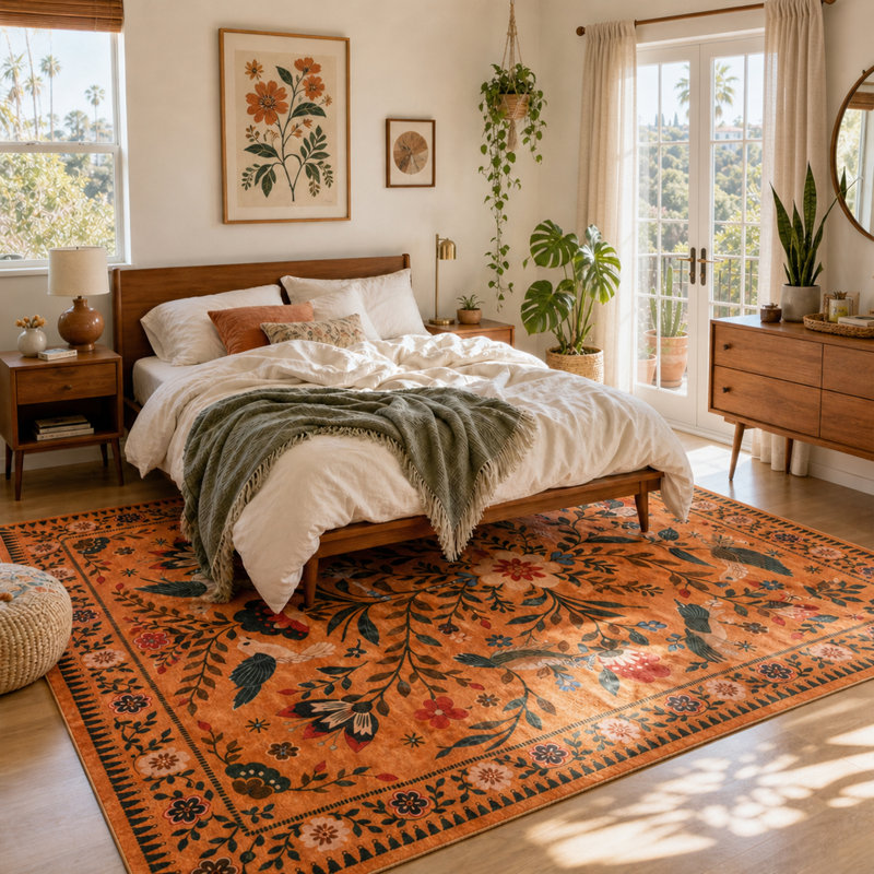 Goldene Boho Washable Botanical Orange Area Rugs for Living Room, Low-Pile Floral Rug with Non Slip Backing For Bedroom Dining Room