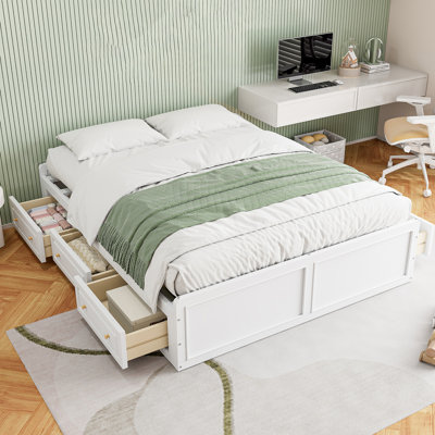 Queen Size Wood Platform Bed with 6 Storage Drawers – Sturdy Wooden Storage Bed Frame, White