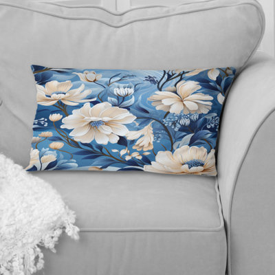 Enchanted Blue And White Peonies Pattern II - Floral Printed Throw Pillow