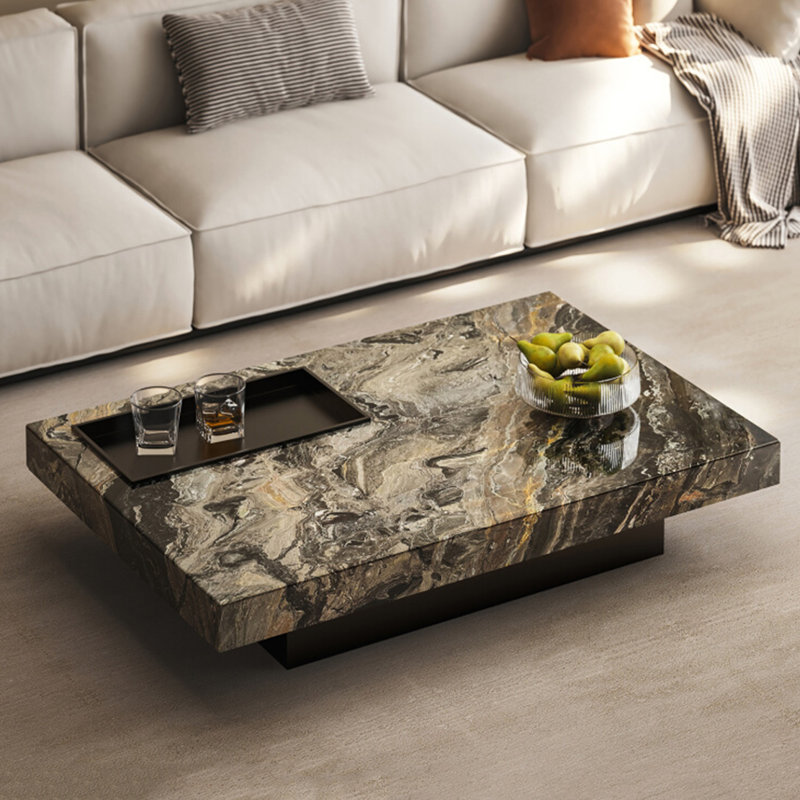 Table basse Luxury-lite rectangulaire en marbre, H 11,8 po x L 63 po x l 35,4 po, Beige