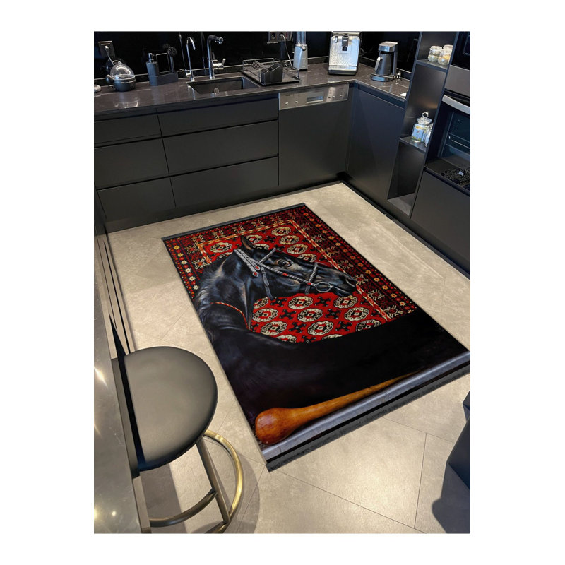 Tapis décoratif noir à motif floral noir, Sous-tapis rectangulaire de 3 pi 3 po x 6 pi 7 po 