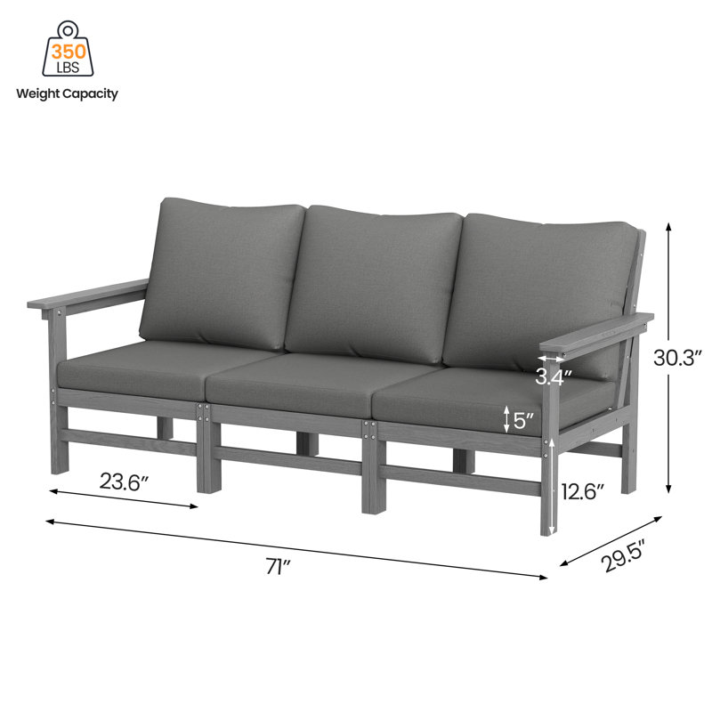 Outdoor 71"W HDPE Modular Modern Sofa With 5" Thick Cushions & Natural Wood Texture, Gray/Gray
