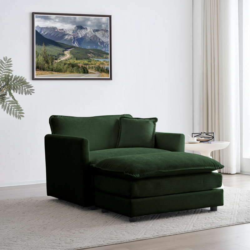 Ensemble de salon, canapé en chenille avec repose-pieds, pour le salon, Chenille verte