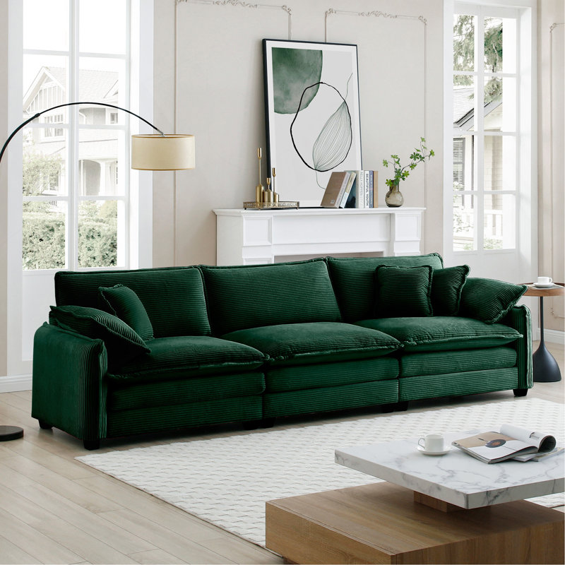 Mid-Century Modern 3-Seater Sectional Sofa With 2 Arm Pillows And 3 Throw Pillows,Green Corduroy Fabric