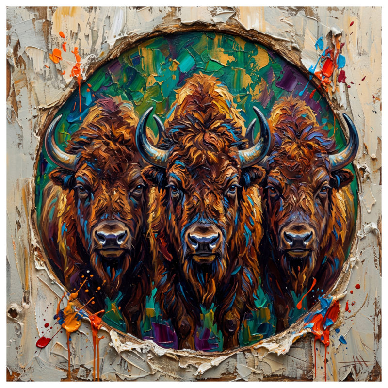 Trois couvertures de peinture Buffaloes, 50in W x 60in H