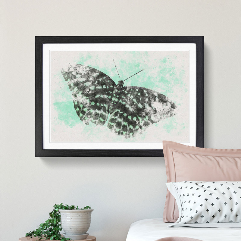 Mint Green Butterfly Art Watercolour - Picture Frame Graphic Art Print, 24cm H x 33cm W x 2cm D, Black Framed