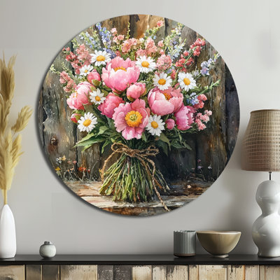 Rustic Romance Wildflowers Bouquet II - Assorted Bouquets Round Metal Wall Art