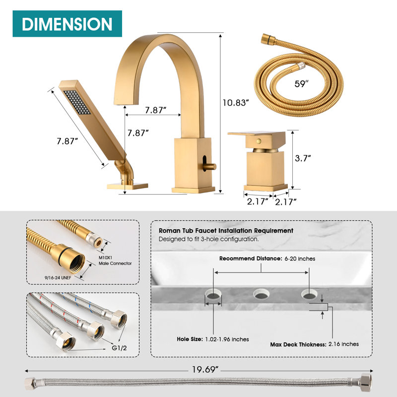 Ensemble de robinet de baignoire romaine avec valve brute, Or