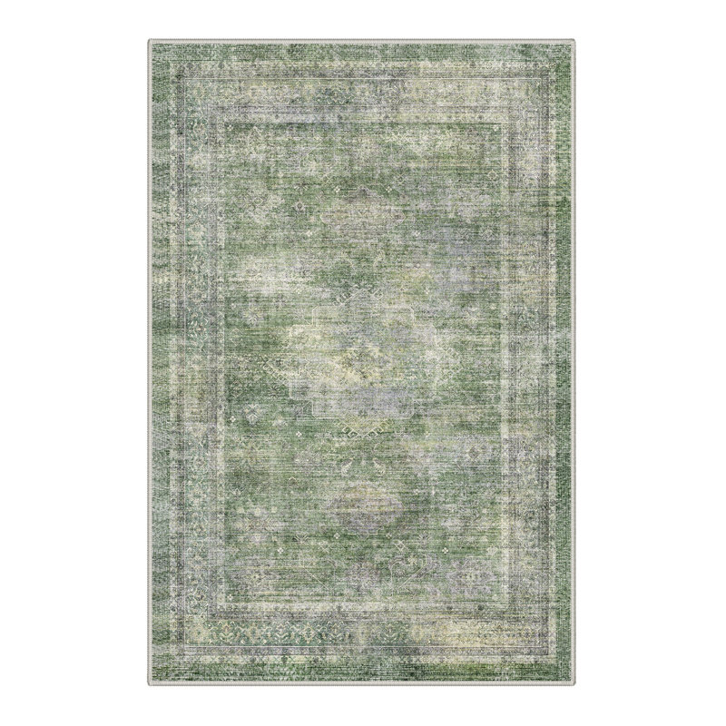 Tapis de porte antidérapant, lavable, à poils courts, vert/gris style vintage, Rectangulaire 3 pi x 5 pi