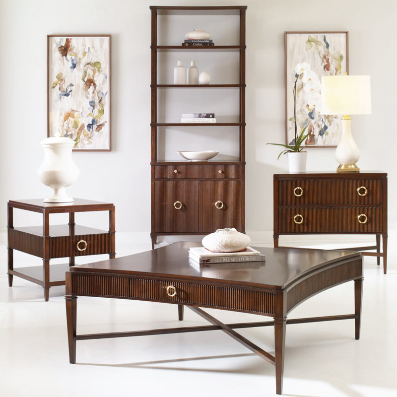 Walnut Brown Rectangular End Table with Storage and Brass Hardware