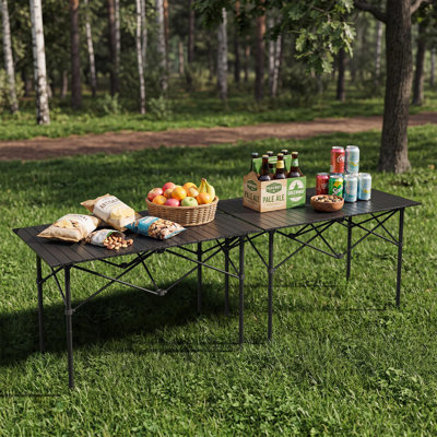 Adjustable Height Roll-Top Camping Table, Lightweight Portable Aluminum Egg Roll Table Carry Bag, Black