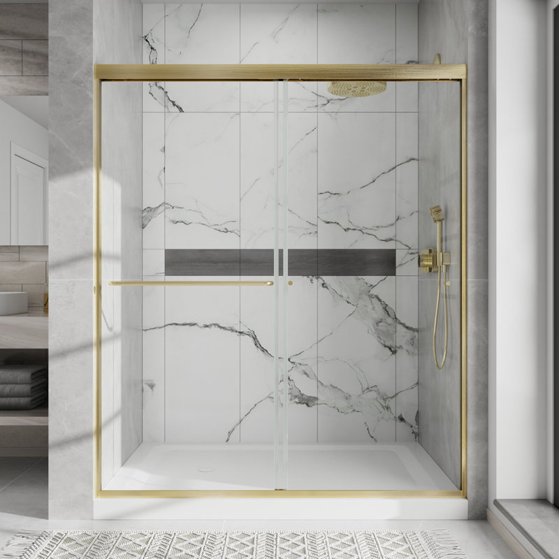 Porte de douche coulissante double encadrée 56 "- l 60" x H 70 "- verre transparent, certifié par la SGCC, Or brossé